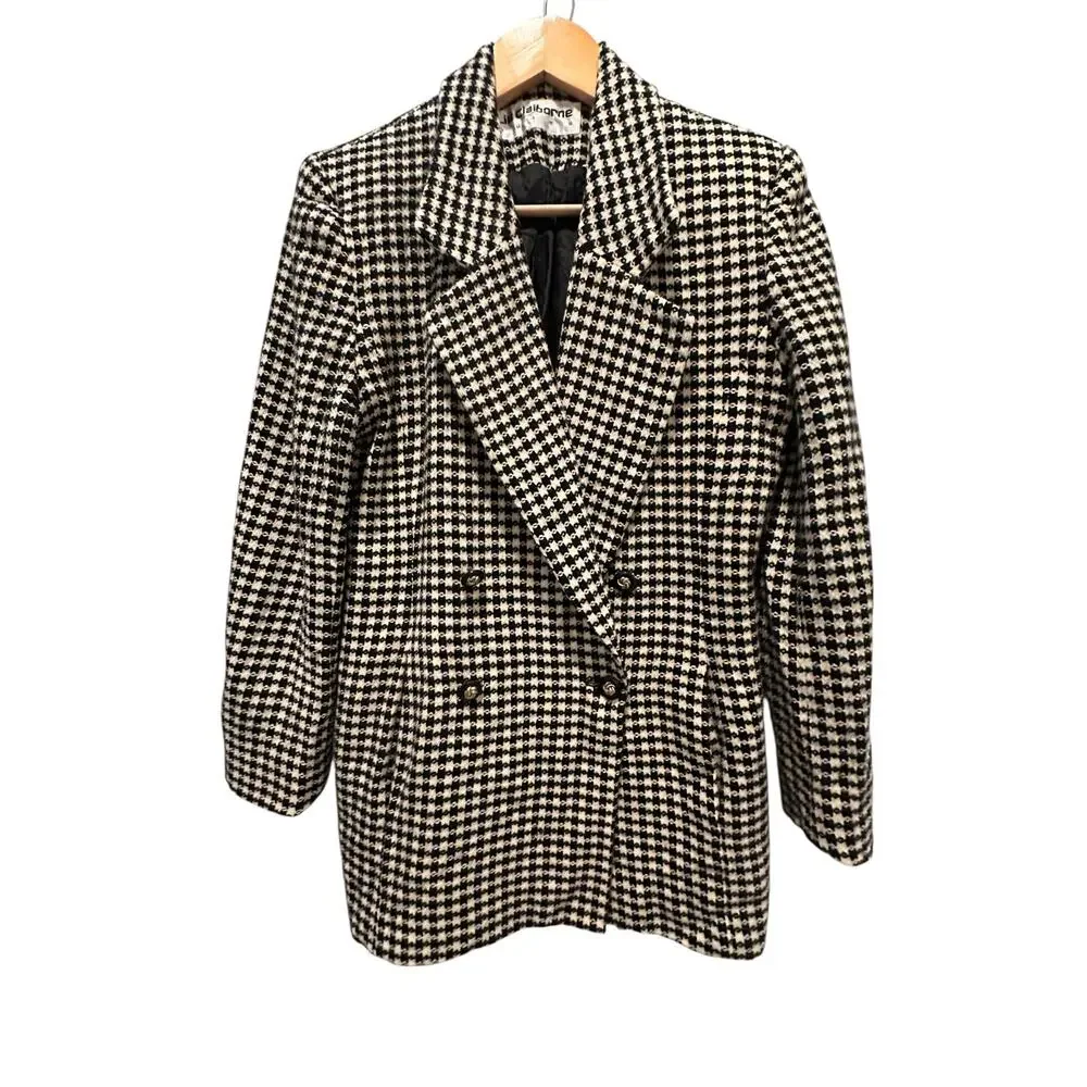 VTG Liz Claiborne Womens Wool Houndstooth Double Breasted Blazer 12 Old Money